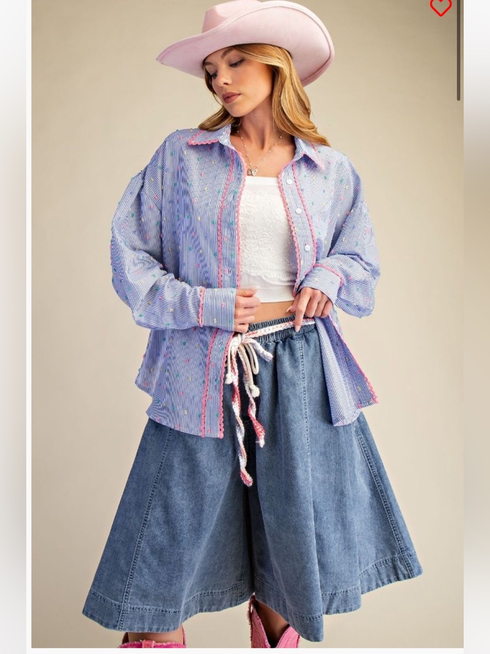 749. Easel Washed denim knee length culottes medium wash